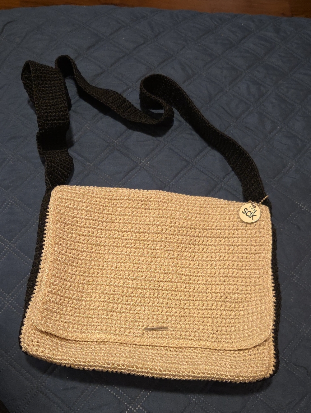 The Sak Beige and Black Crochet Crossbody Shoulder Bag